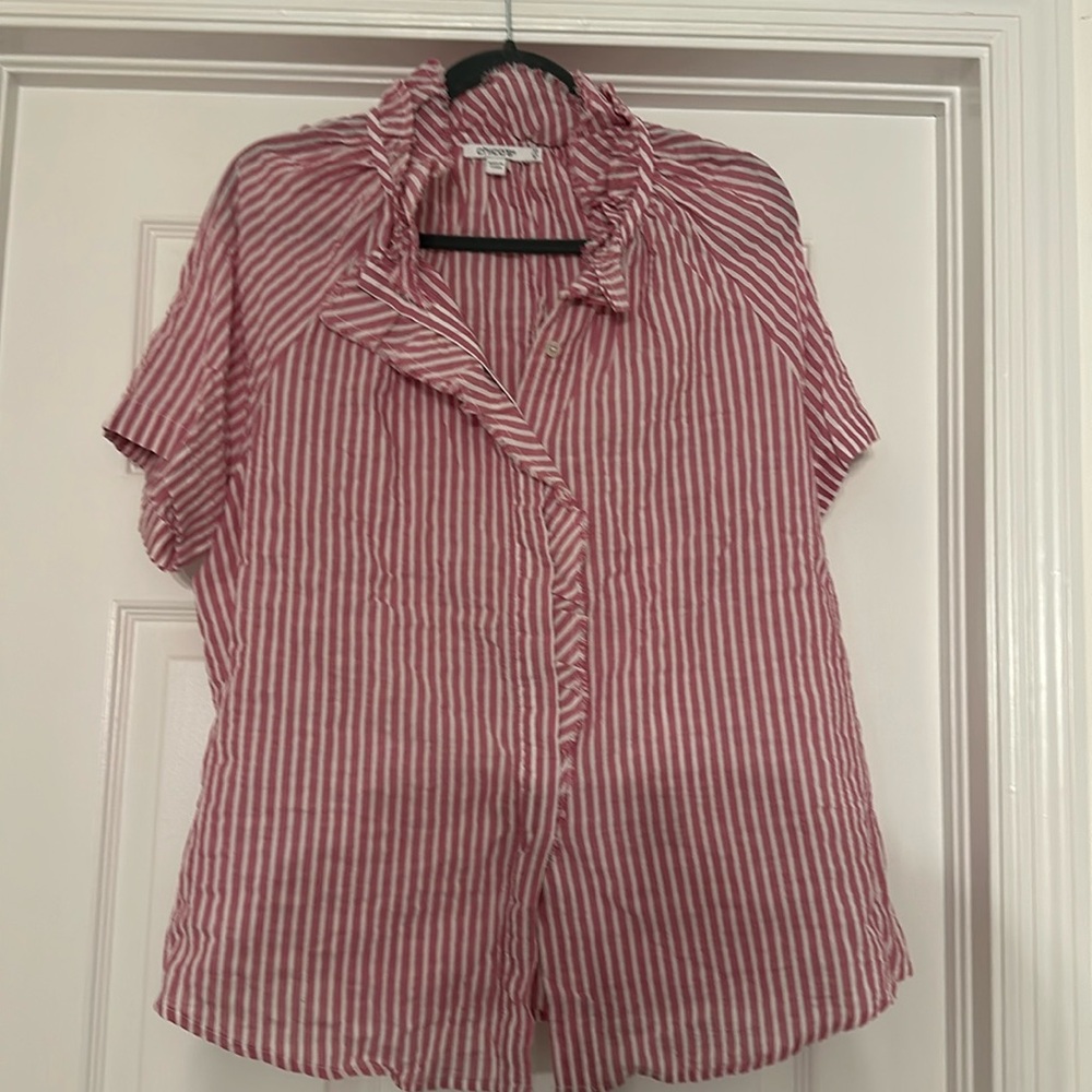 CHICOS reddish white striped top button down ruffles short sleeve size 3.5
